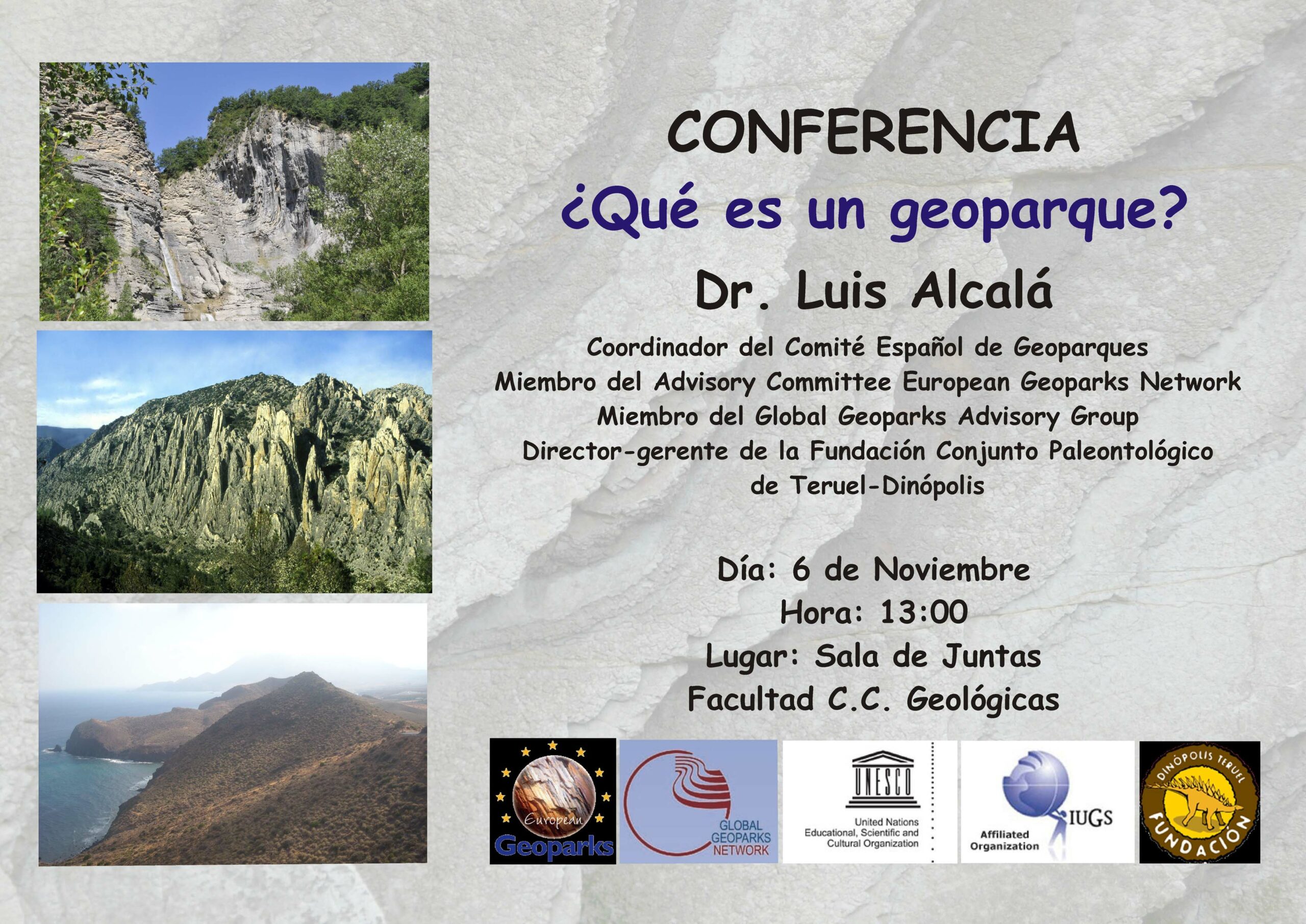 Cartel charla Luis alcala geoparques